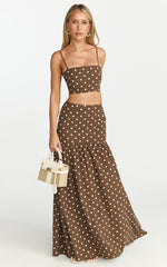 Leighton Two Piece Top and Skirt Set - Crop Top And Maxi Skirt in Choc/Cream Polka Dot