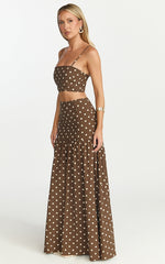 Leighton Two Piece Top and Skirt Set - Crop Top And Maxi Skirt in Choc/Cream Polka Dot