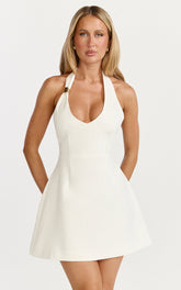 Leilani Mini Dress - Plunge Gold Hardware Fit and Flare Dress in White
