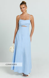 Lila Maxi Dress - Scallop Edge Fit And Flare Dress in Blue