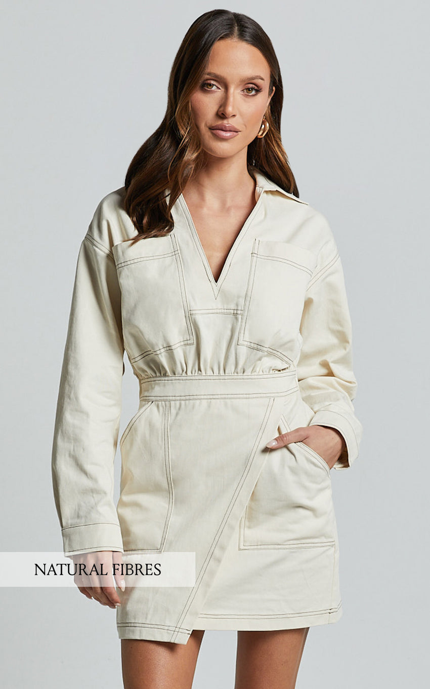 Lilianna Mini Dress - V Neck Long Sleeve Wrap Dress in Cream