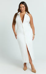 Lillibelle Midi Dress - Collared Button Down Bodycon Dress in Off White