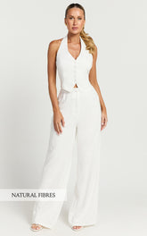 Linette Jumpsuit - Halter Neck Button Through Vest Tailored Wide Leg Jumpsuit in White