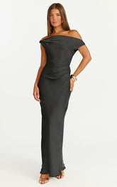 Lira Maxi Dress - One Shoulder Satin Dress in Black