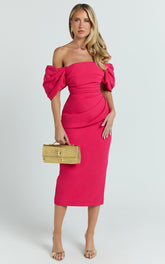 Lohan Midi Dress - Off Shoulder Puff Sleeve in Berry