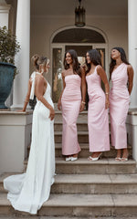Benita Midi Dress - Scoop Neck Ruched Fitted Dress in Pink