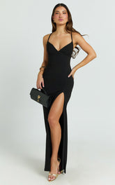 Loralie Maxi Dress - V Neck Low Back Bodycon Dress in Black