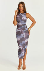 Loralie Midi Dress - Mesh High Neck Bodycon Dress in Blue Blur