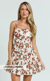 Lorelle Mini Dress - Straight Neck Tiered Dress in Shadow Floral