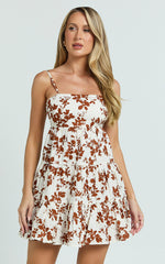 Lorelle Mini Dress - Straight Neck Tiered Dress in Shadow Floral
