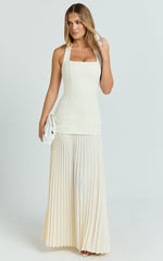 Loretta Maxi Dress - Contrast Halter Neck Pleated Dress in Pastel Yellow
