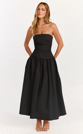 Louisa Midi Dress - Strapless Side Ruched Dropped Waist Fit And Flare Dress in Black
