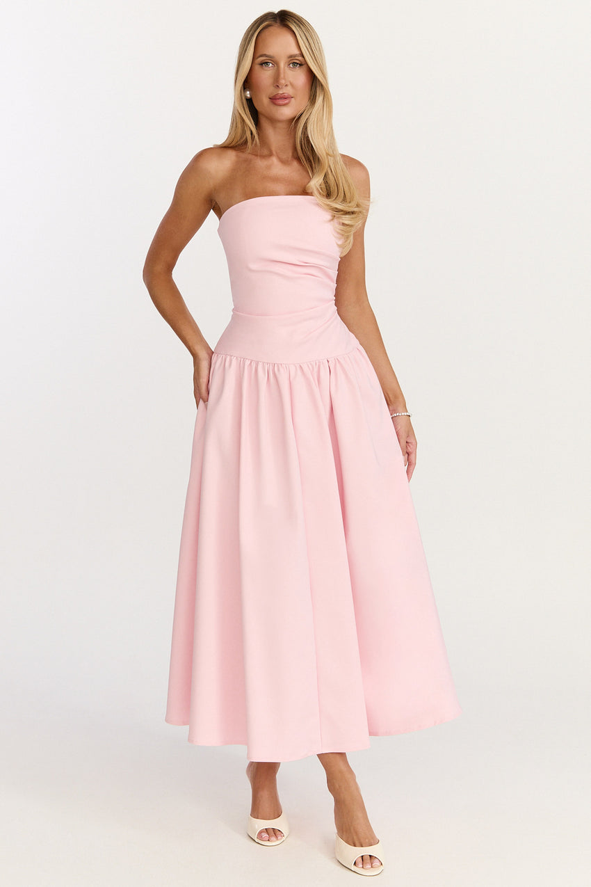 Louisa Midi Dress - Strapless Side Ruched Dropped Waist Fit And Flare Dress in Pink