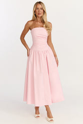 Louisa Midi Dress - Strapless Side Ruched Dropped Waist Fit And Flare Dress in Pink