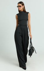 Luciana Pants - High Waist Crossover Belted Straight Leg Tailored Pants in Black