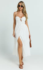 Lucienne Midi Dress - Ruched Button Up Front Dress in White