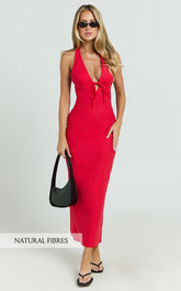Lyla Midi Dress - Tie Front Plunge Halter Linen Blend Dress in Red