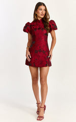 Mackay Mini Dress - Jacquard High Neck Puff Sleeve Dress in Wine