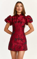 Mackay Mini Dress - Jacquard High Neck Puff Sleeve Dress in Wine