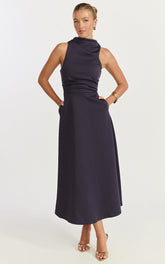 Macy Midi Dress - High Neck A Line Dress in Navy