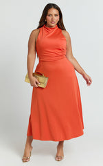 Macy Midi Dress - High Neck A Line Dress in Orange