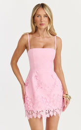 Maisie Mini Dress - Broderie Cut Out Border Hem Dress in Pink