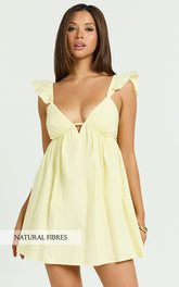 Maisy Mini Dress - Ruffle Sleeve V Neck Dress in Yellow