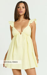 Maisy Mini Dress - Ruffle Sleeve V Neck Dress in Yellow