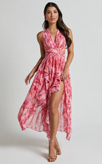 Marga Midi Dress - Plunge Ruffle Detail Cut Out Dress in Petal Paradise