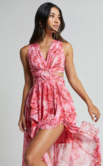 Marga Midi Dress - Plunge Ruffle Detail Cut Out Dress in Petal Paradise