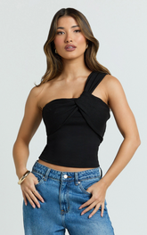 Maura Top - One Shoulder Twist Top in Black