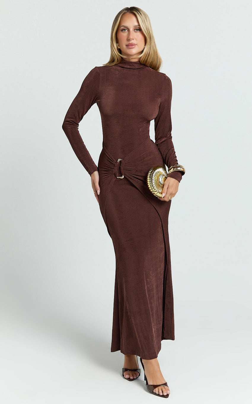 Maxime Midi Dress - Long Sleeve Twist Front Dress in Chocolate