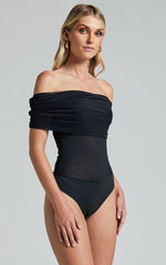 Maylene Bodysuit - Ruched Off The Shoulder Mesh Bodysuit in Black