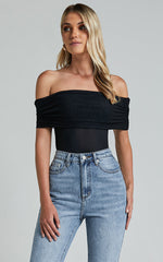 Maylene Bodysuit - Ruched Off The Shoulder Mesh Bodysuit in Black