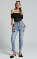 Maylene Bodysuit - Ruched Off The Shoulder Mesh Bodysuit in Black