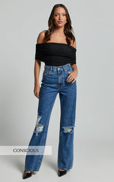 Miho Jeans - High Waisted Recycled Cotton Distressed Straight Leg Denim Jeans in Dark Blue Wash