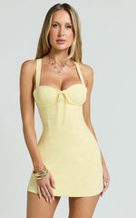 Mikayla Mini Linen Blend Dress - Sweetheart Ruched Bust Fitted Dress in Lemon