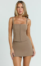 Mikey Top - Straight Neck Hook and Eye Corset Top in Mocha