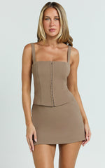 Mikey Top - Straight Neck Hook and Eye Corset Top in Mocha