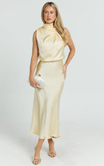 Minnie Midi Dress - Drape Neck Satin Slip Dress in Butter Yellow