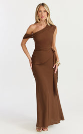 Minnie Two Piece Top and Skirt Set - Drape Off Shoulder Top and Maxi Skirt in Chocolate
