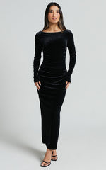 Mirabelle Midi Dress - Long Sleeve Back Cut Out Ruched Velvet Dress in Black