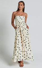 Miriam Midi Linen Blend Dress - Strappy Straight Neck A Line Dress in Beige & Black Spot