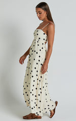 Miriam Midi Linen Blend Dress - Strappy Straight Neck A Line Dress in Beige & Black Spot