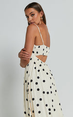 Miriam Midi Linen Blend Dress - Strappy Straight Neck A Line Dress in Beige & Black Spot