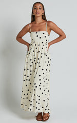 Miriam Midi Linen Blend Dress - Strappy Straight Neck A Line Dress in Beige & Black Spot