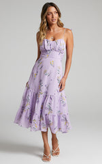 Monaco Midi Dress - Strappy Sweetheart Tiered Dress in Lavender Botanical Floral