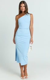 Monette Midi Dress - One Shoulder Straight Dress in Blue