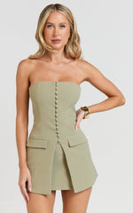 Monroe Two Piece Set - Strapless Button Down Longline Vest Top and High Waisted Mini Skirt in Sage