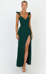 More Than This Maxi Dress - Ruffle Strap Thigh Split Dress in Emerald